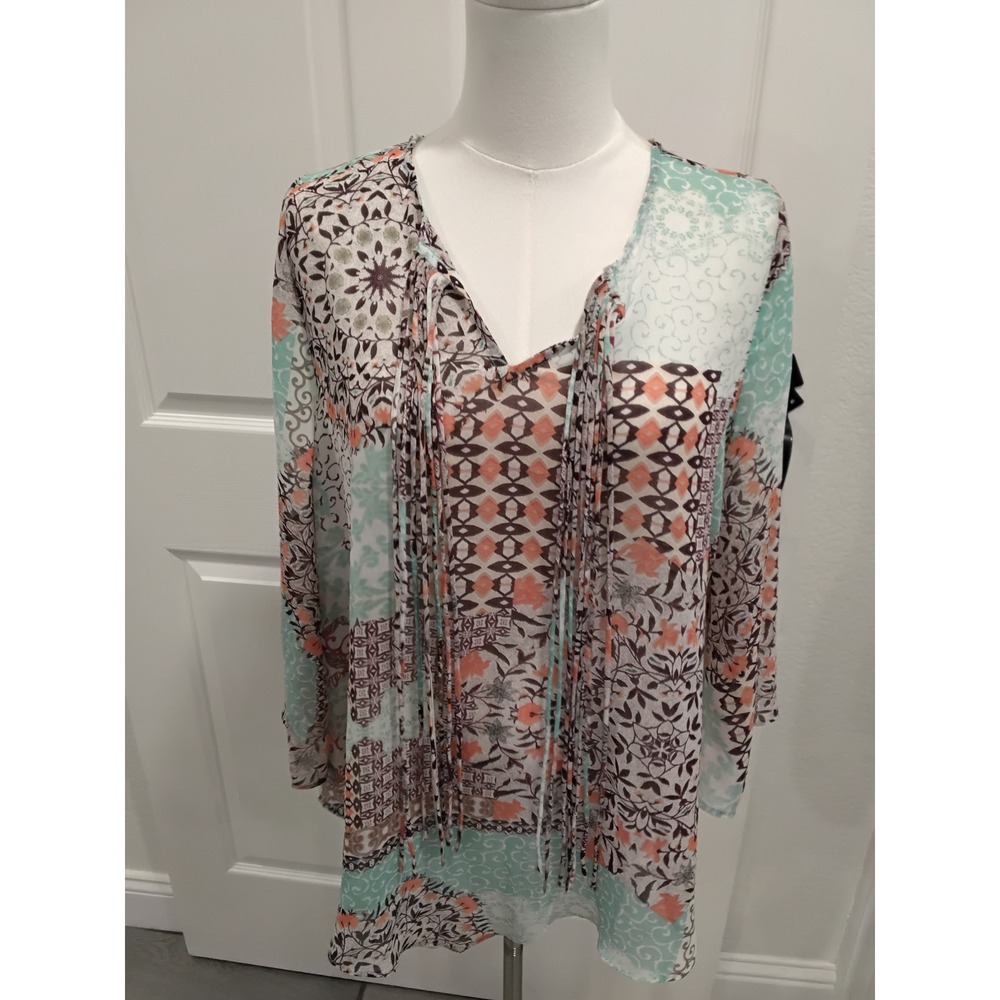Energe World Wear Boho Patchwork Tassel V-Neck Bell Sleeve Tunic Top XL‎